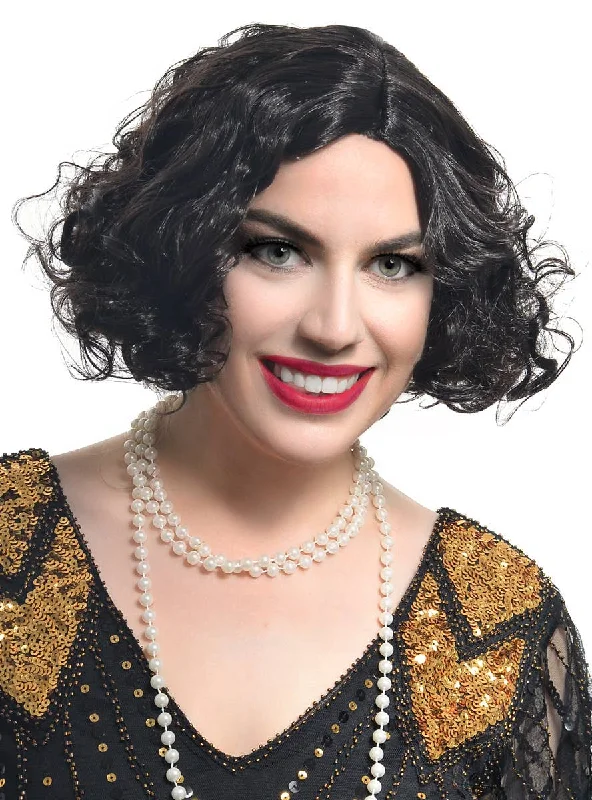 Short red wig with dramatic shine-Short Curly Black 1920s Flapper Womens Costume Wig