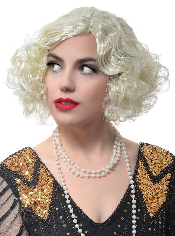 Lace front wig with soft waves-Short Curly Blonde 1920s Flapper Womens Costume Wig