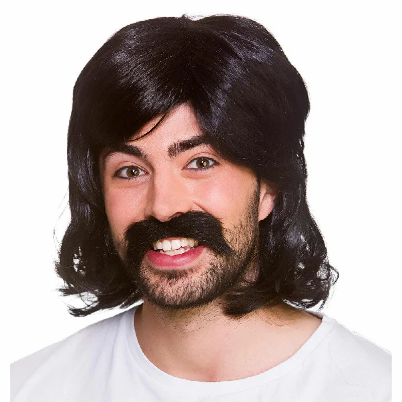 Wig for velvety flair-1970s Cool Guy Wig & Tash Black Hair Fancy Dress Halloween