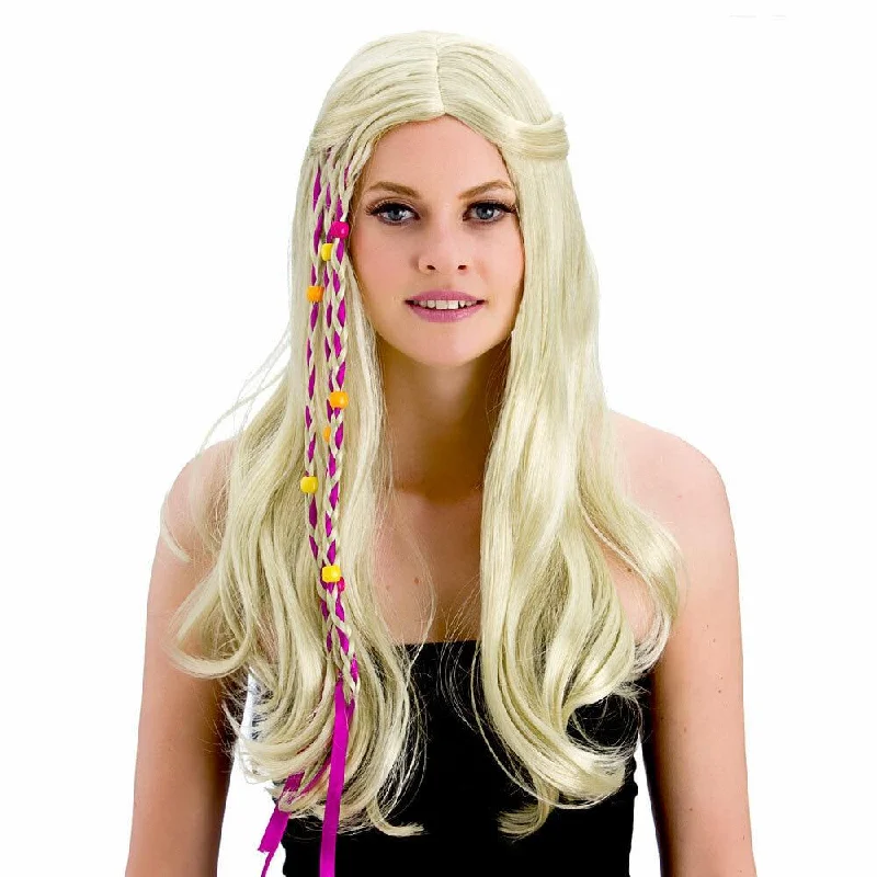 Medium wavy wig with tight curls-60s Hippy Long Blonde Wig Hippie Fancy Dress Accessory