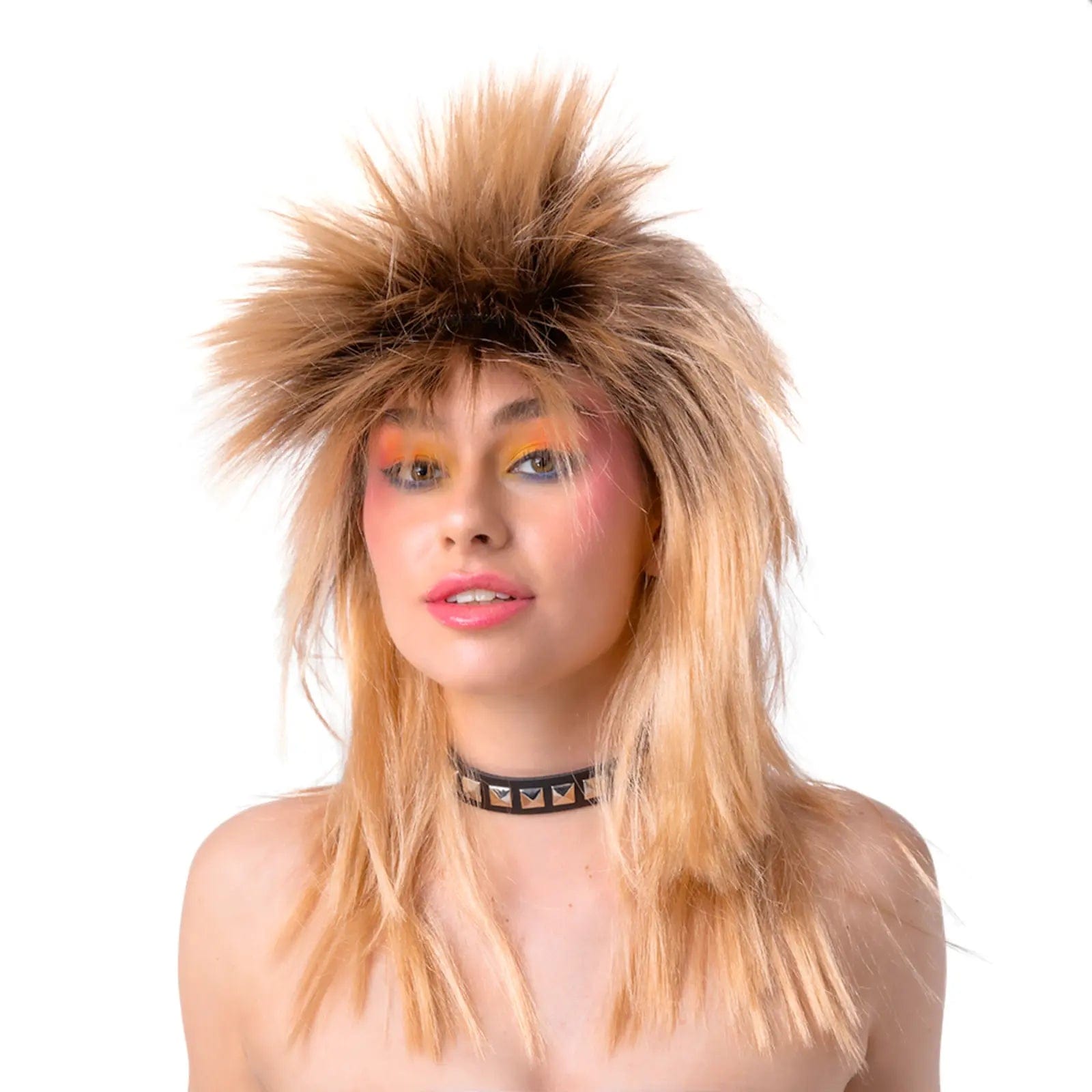 Pink curly wig with texture-80s Glam Rocker Wig Dirty Blonde Spiky Mullet Hair Fancy Dress