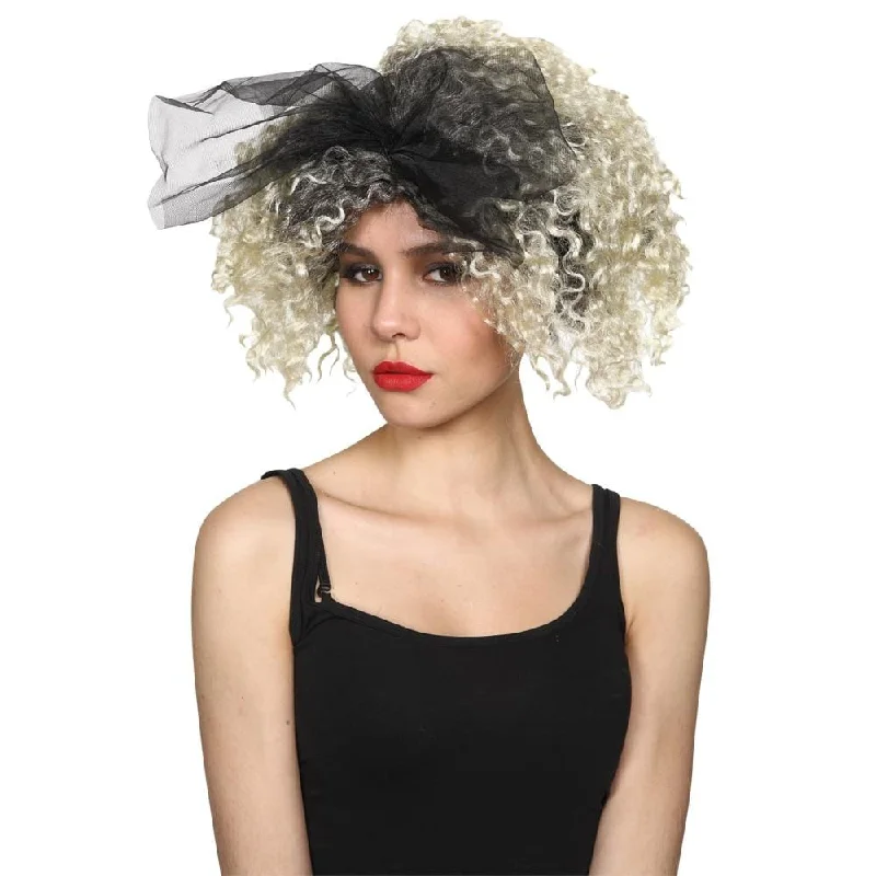 Side part wig with tight curls-80s Material Girl Blonde Curls Wig Bow Madonna Fancy Dress