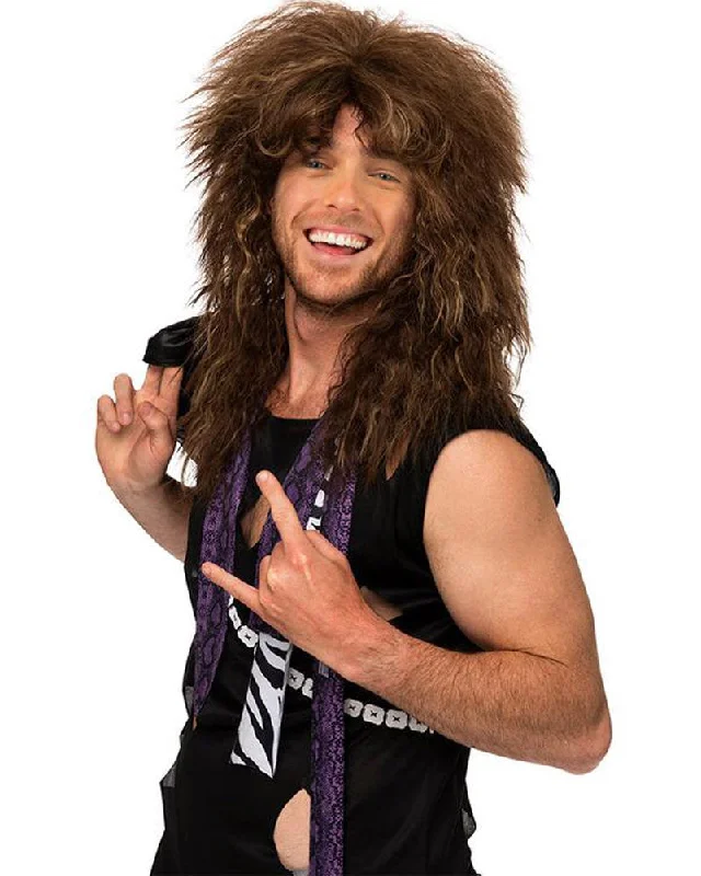 Wig for fresh vibe-80s Rocker Big Hair Frosted Tipped Deluxe Brown Wig