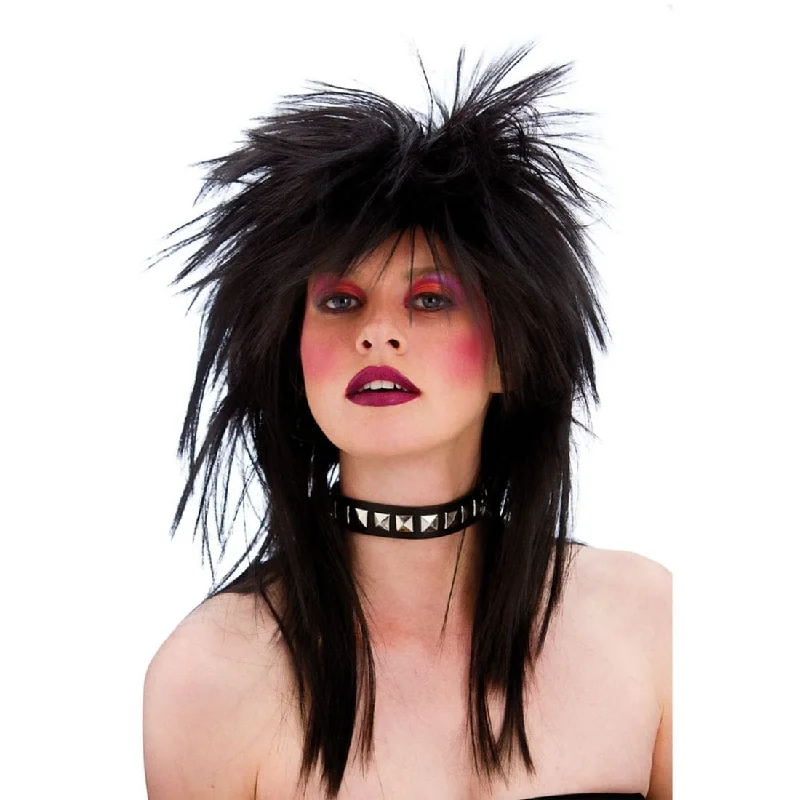 Virgin hair wig with tight texture-Adults Black  80's Rocker Wig Halloween Party Accessory