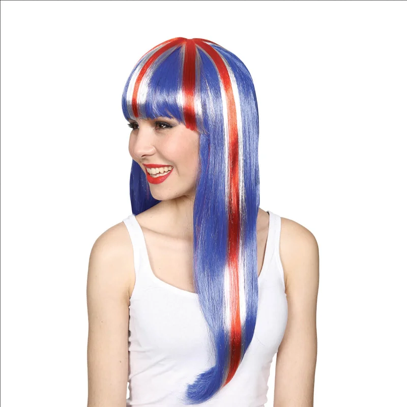 Long curly wig with bold texture-Adults GB Long Wig With Fringe Union Jack Team Royal Fancy Dress