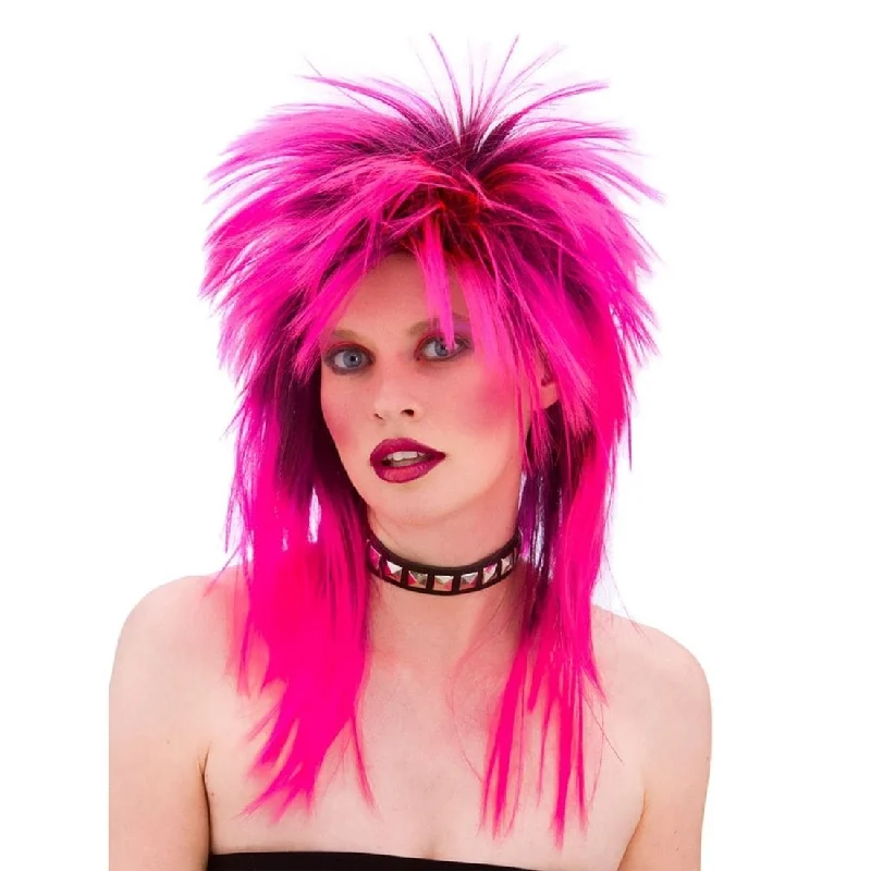 Deep curl wig with soft shine-Adults Pink 80s Rocker Wig Halloween Party Accessory