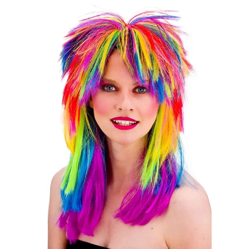 Invisible lace wig with tight curls-Adults Rainbow 80's Rocker Wig Halloween Party Accessory