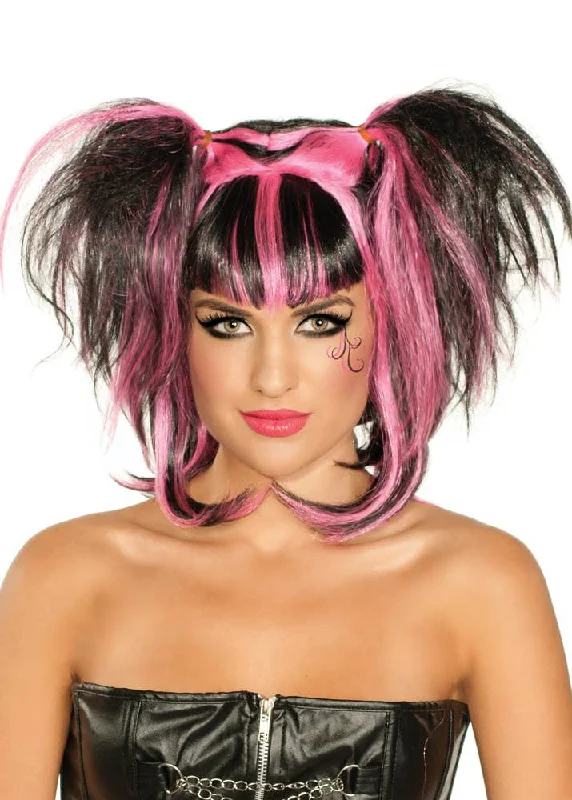 Medium bob wig with tight texture-Messy Black and Pink Pigtails Womens Halloween Wig