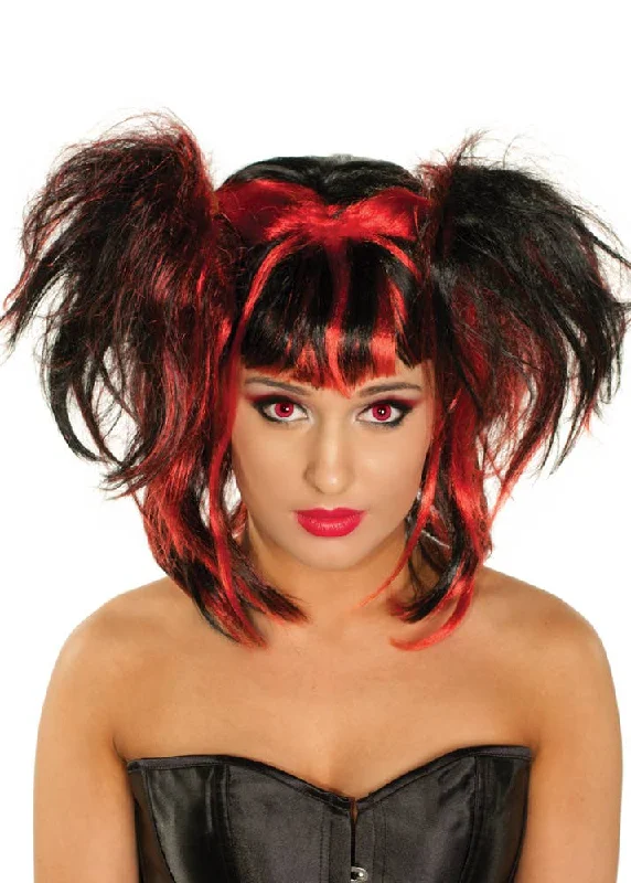 Long curly wig with tight volume-Messy Black and Red Pigtails Womens Halloween Wig