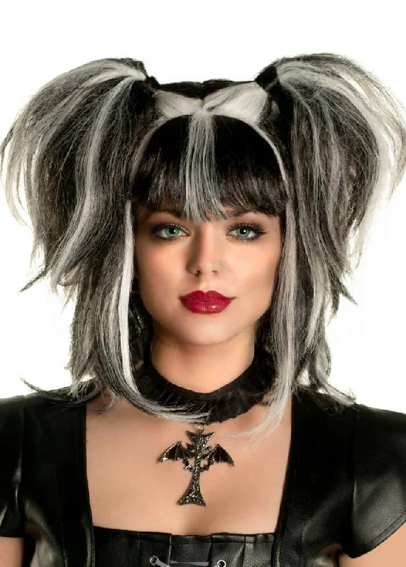 Short black wig with tight texture-Messy Pigtails Black and White Womens Halloween Wig