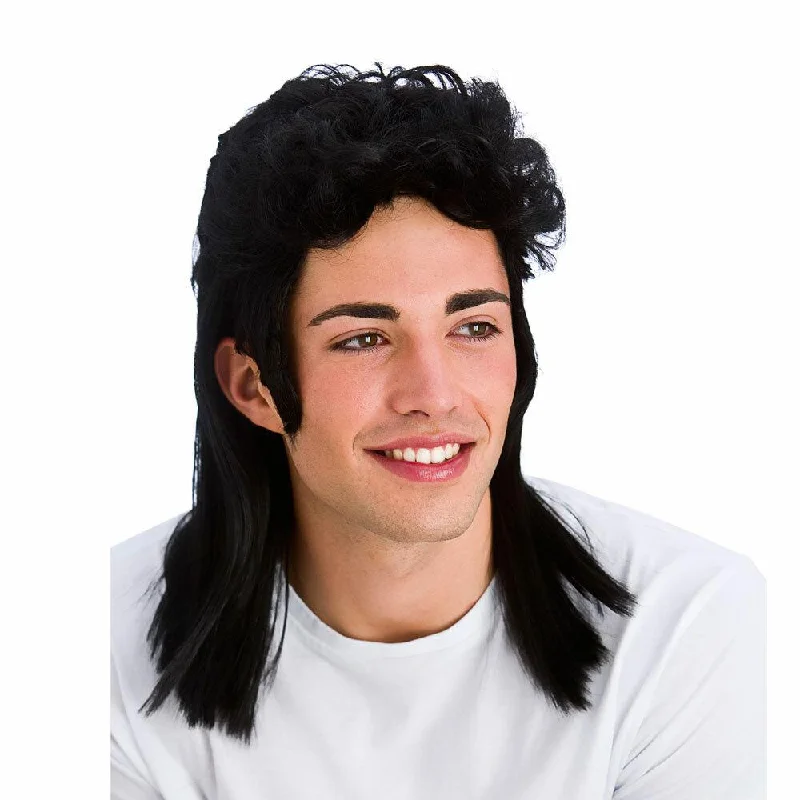 Heat safe wig with tight waves-Black Mens Mullet 80s Bowie Wig Fancy Dress Accessory