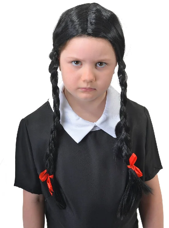 Blonde bob wig with dramatic texture-Plaited Girls Black Wednesday Addams Costume Wig