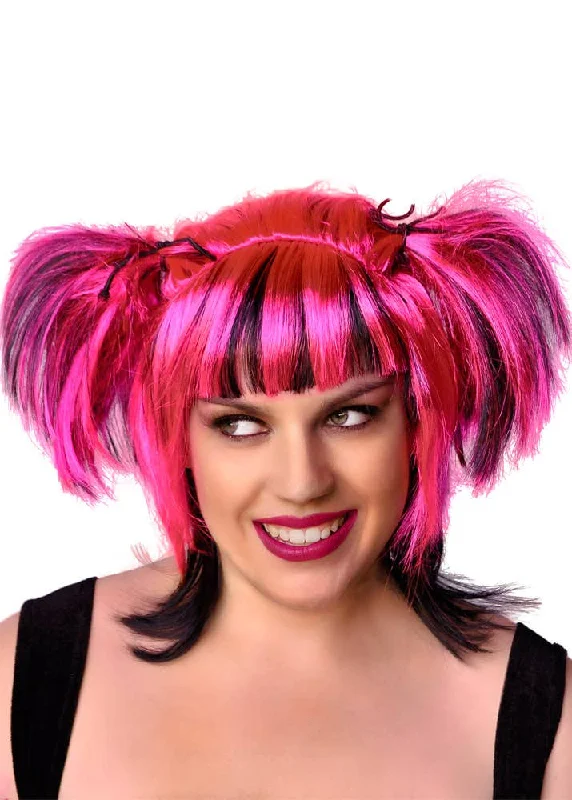 Long wig with tight flair-Messy Pigtails Pink and Black Womens Halloween Wig