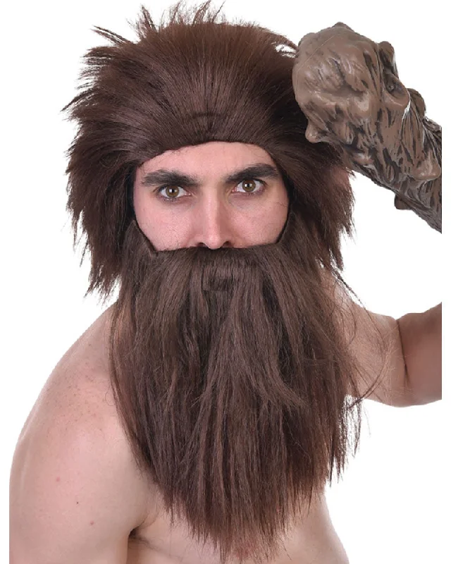 Long straight wig with dramatic shine-Caveman Brown Wig and Beard