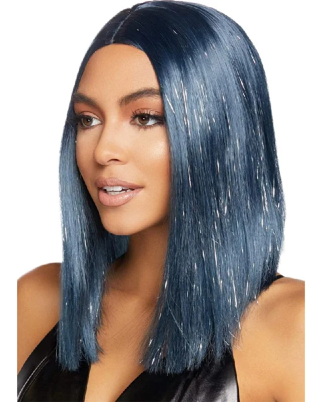 Wig for smooth flair-Long Midnight Blue Tinsel Bob Wig