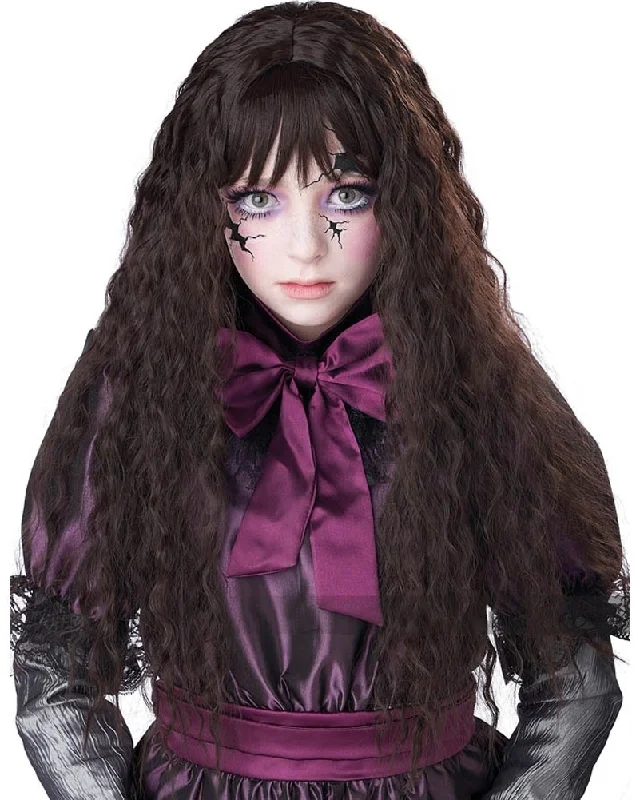 Human hair wig with tight curls-Creepy Doll Long Brown Wig