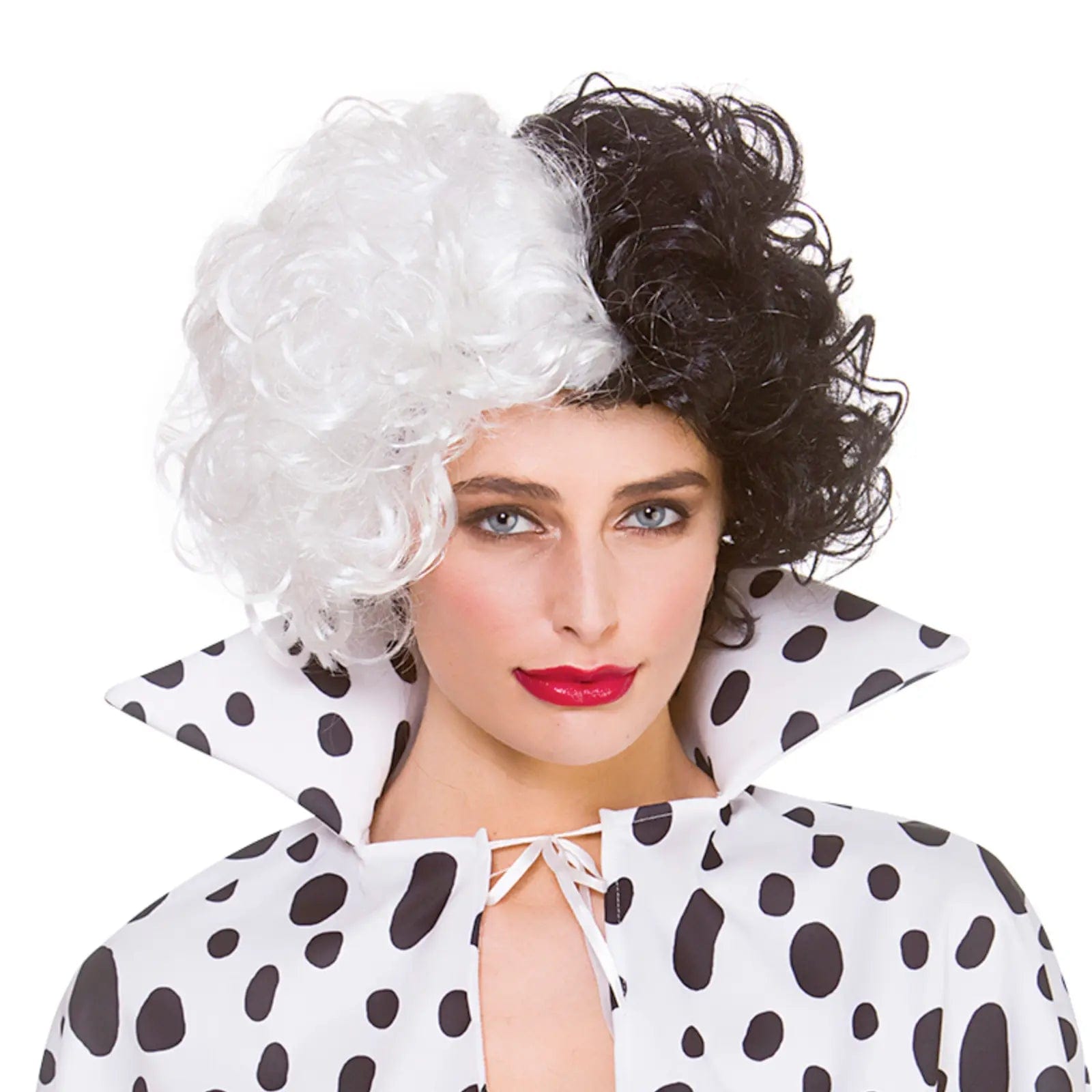 Layered wig with tight waves-Dalmatian Cruel Lady Wig Black White Permed Hair Fancy Dress