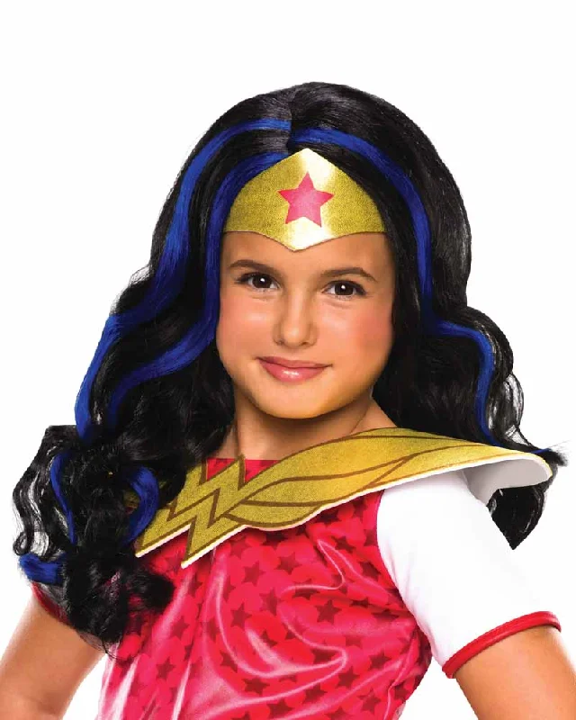 Wig for festive flair-DC Super Hero Wonder Woman Black and Blue Kids Wig