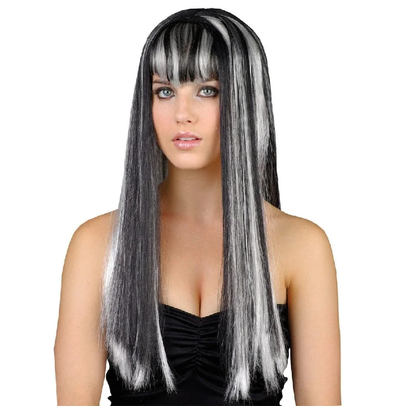 Wig with angled part-Drop Dead Gorgeous Long Silver Black Wig Fancy Dress Party