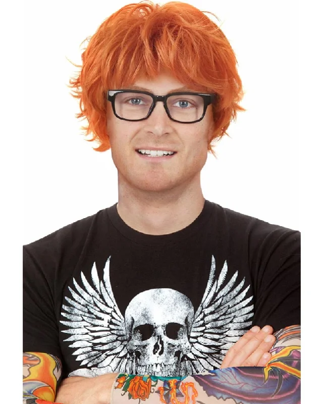 Jet black wig with tight shine-Ed Sheeran Orange Wig Glasses and Tattoo Sleeves Set