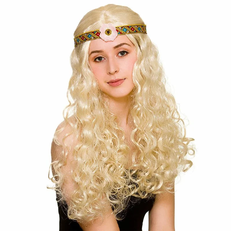 Adjustable wig with soft curls-Flower Power Hippie Long Curly Blonde Wig Hair Halloween 60s