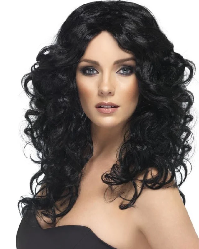 Long bob wig with tight texture-Glamour Curly Long Black Wig