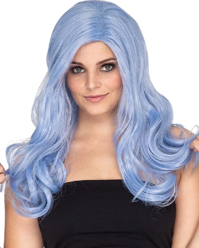 Synthetic wig for rave vibe-Glamour Deluxe Bubblegum Blue Long Wavy Wig