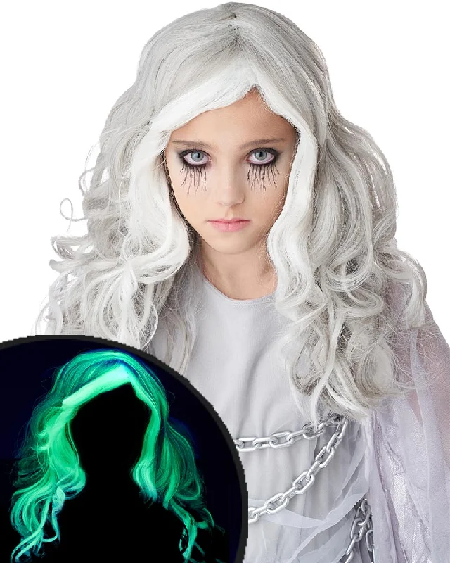 Wig for theater play-Glow in the Dark Ghost Long Grey Kids Wig