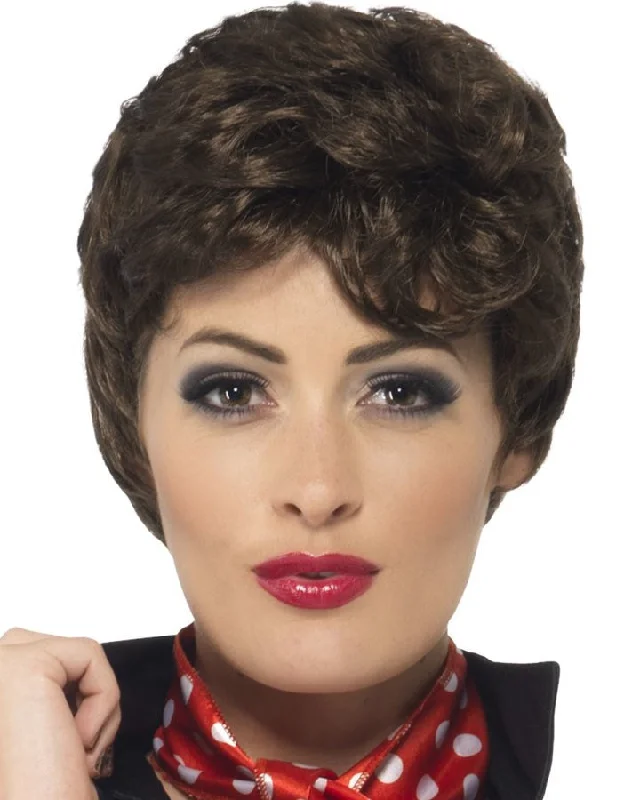 Side swept wig with tight texture-50s Grease Rizzo Brown Wig