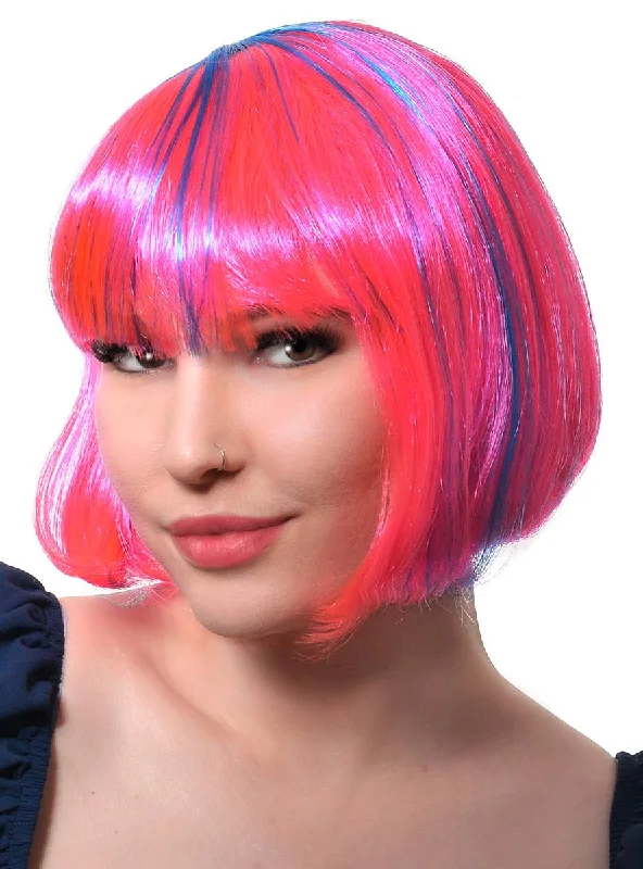 Long wavy wig with dramatic texture-Neon Pink Womens Bob Costume Wig with Blue Streaks