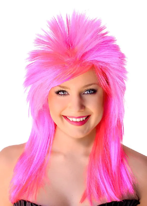 Medium wavy wig with dramatic texture-Punk Rocker 1980s Hot Pink Womens Wig