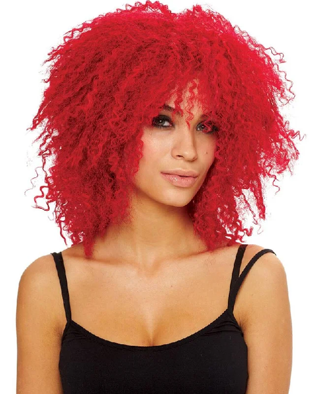 Wig for wide jawline-Hot Red Crimped Wig