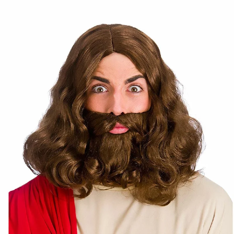 Straight wig with tight curls-Jesus Bible Religion Christ Wig Beard Set Fancy Dress