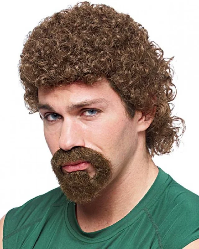 Wig for stunning vibe-Kenny Curly Brown Mullet Wig and Beard