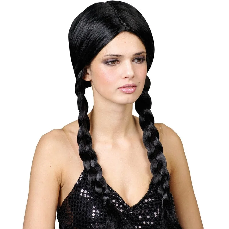 Wig for rave style-Long Black Braided Pigtails  School Girl Fancy Dress Party Wig