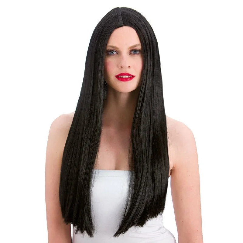 Wig for formal vibe-Long Black Classic Fancy Dress Party Wig Halloween Role Pay