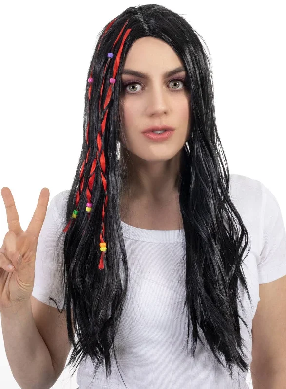 Wig for slim face-Long Black Womens Hippie Costume Wig with Beads