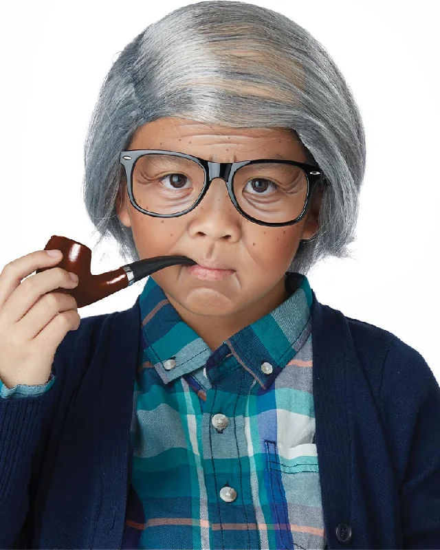 Wig for elegant flair-Old Man Combover Kids Wig Glasses and Pipe Set