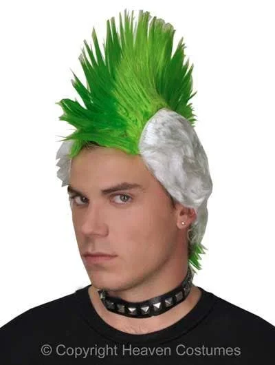 Short red wig with dramatic texture-Punk Mohawk Green and White Mens Costume Wig