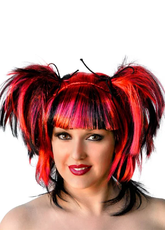 Blonde wavy wig with dramatic curls-Messy Pigtails Red and Black Womens Halloween Wig