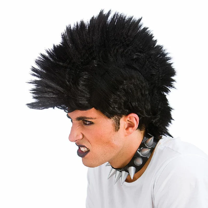 Wig for sleek flair-Punk Rocker Black Mohican Wig Spiky Hair Fancy Dress