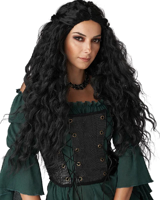 Wig for punk flair-Renaissance Maiden Long Black Wig