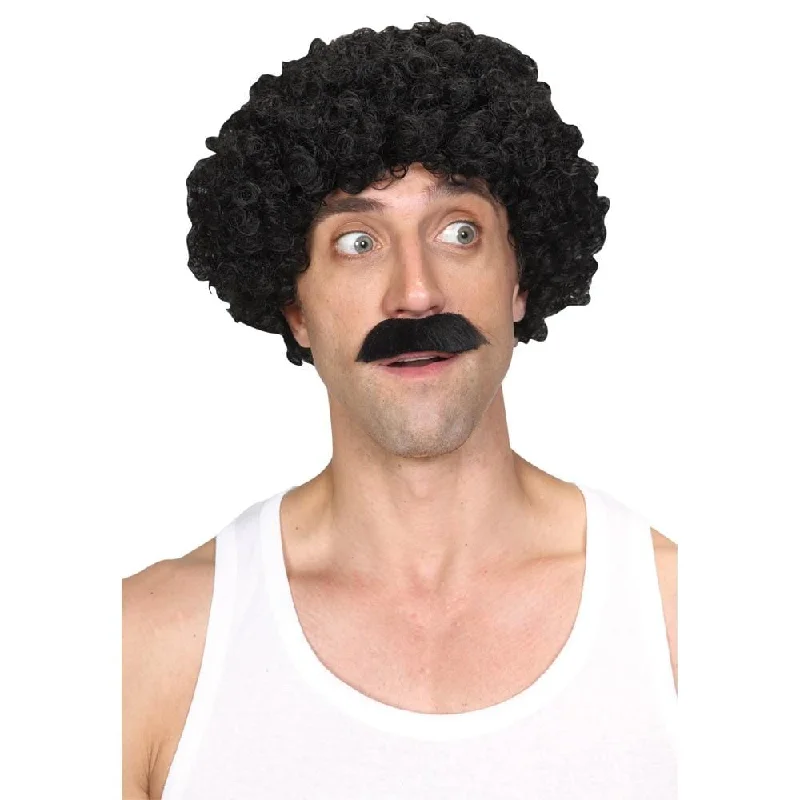 Platinum wavy wig with tight curls-Shifty Guy Black Wig Moustache Set Fancy Dress Halloween