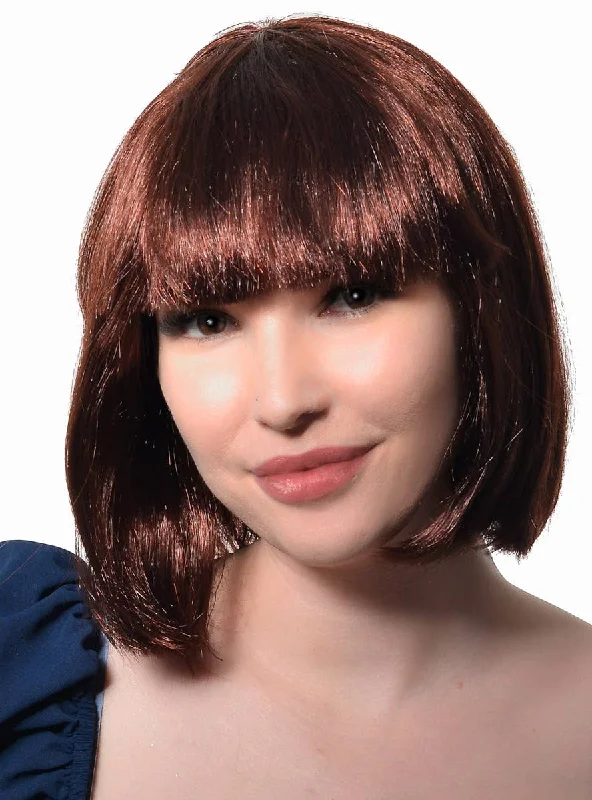 Long wavy wig with dramatic shine-Short Brown Womens Bob Costume Wig with Fringe