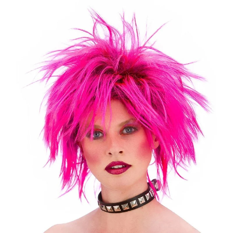 Wig for trendy flair-Short Pink Punk Rocker Wig 1980s Fancy Dress Halloween