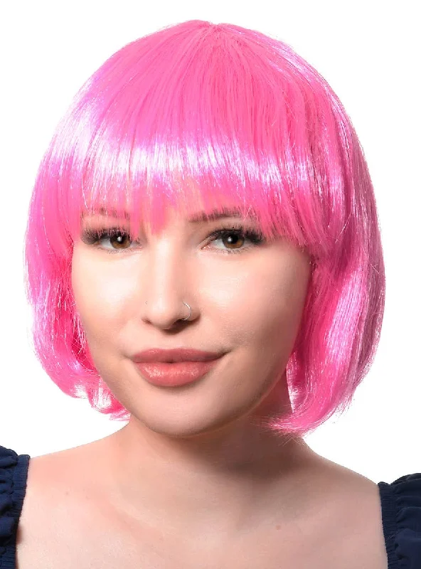 Black wavy wig with tight curls-Short Pink Womens Bob Costume Wig with Fringe