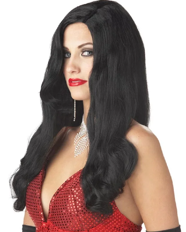 Black bob wig with tight shine-Silver Screen Sinsation Long Black Wig