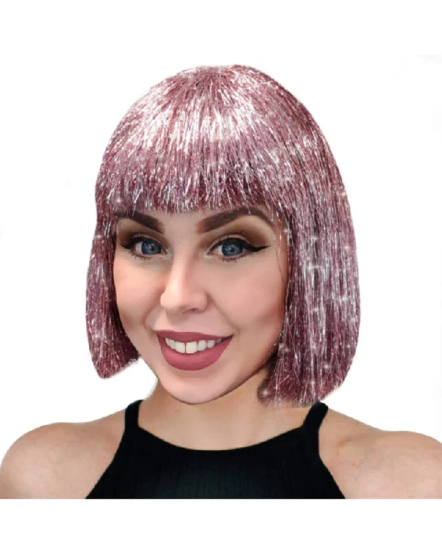 Full coverage wig with tight waves-Sparkle Nation Pink Tinsel Wig