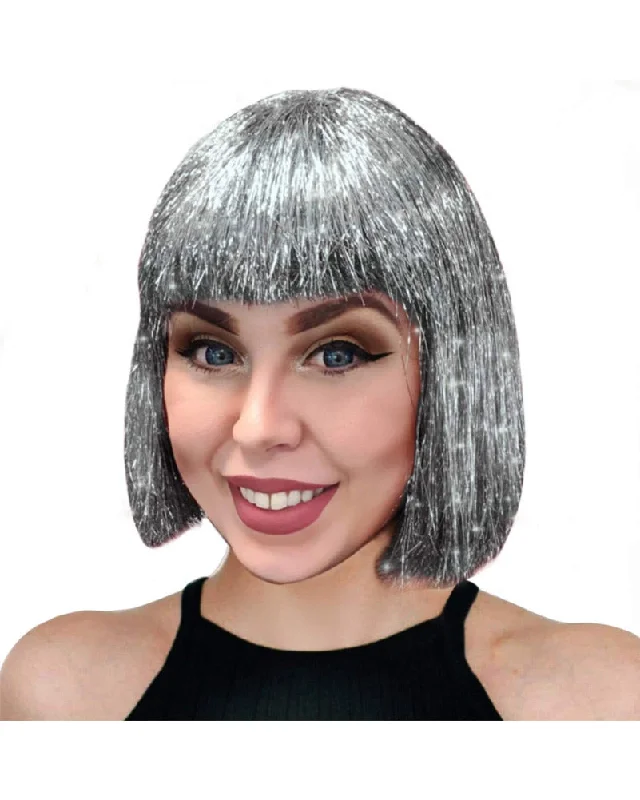 Wig for retro flair-Sparkle Nation Silver Tinsel Bob Wig