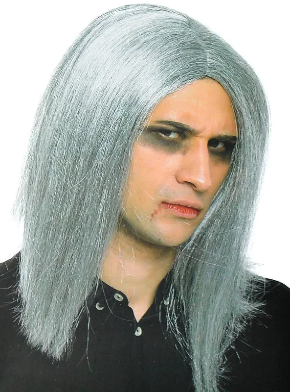 Medium curly wig with tight shine-Mid Length Mens Straight Grey Costume Wig